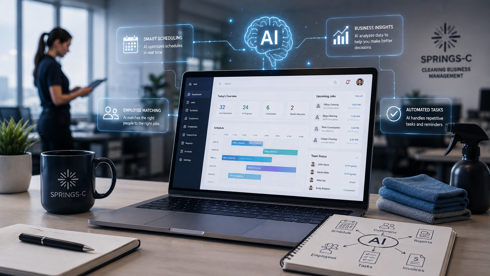 Laptop showing the Springs-C dashboard surrounded by AI concepts: smart scheduling, employee matching, business insights and automated tasks