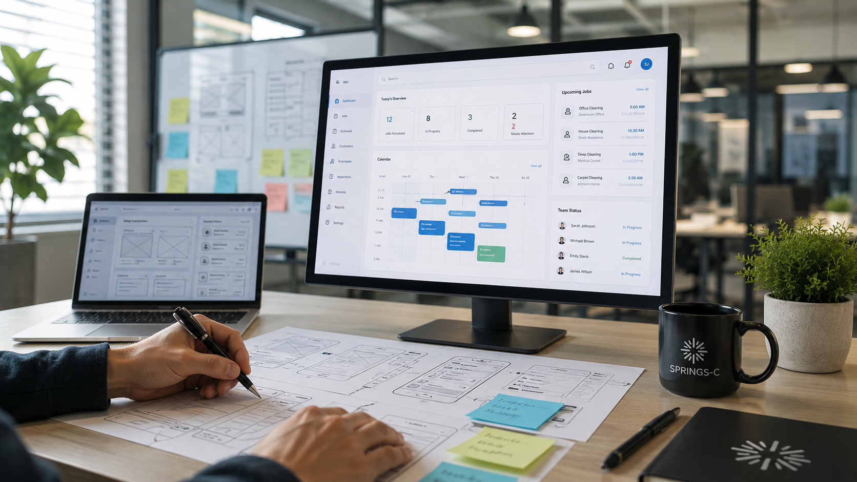 Designer sketching Springs-C interface wireframes at a desk with a monitor showing the scheduling dashboard