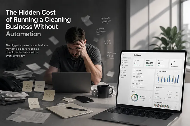 Cleaning business owner surrounded by paperwork and sticky notes beside a laptop showing the Springs-C dashboard